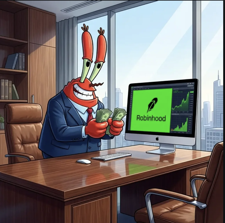 Mr. Krabs counting cash beside a Robinhood trading screen