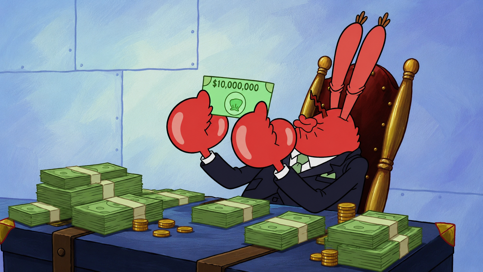Mr. Krabs in a suit inspecting money at his desk