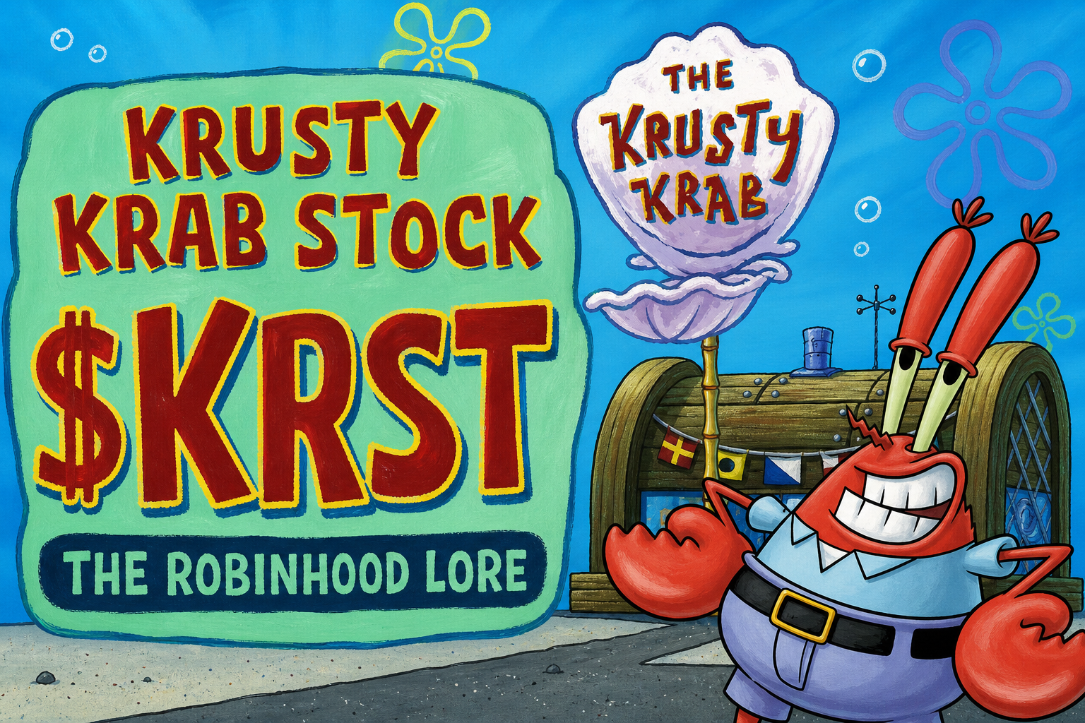 Krusty Krab stock poster with the KRST ticker, Mr. Krabs, and the Krusty Krab restaurant