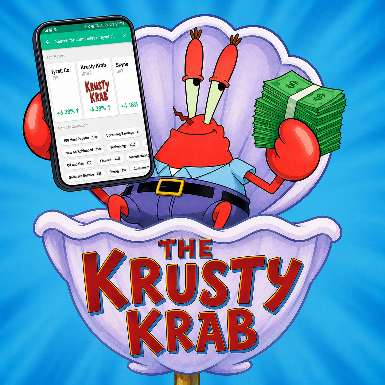 Mr. Krabs holding a Robinhood phone and a stack of cash inside the Krusty Krab shell sign