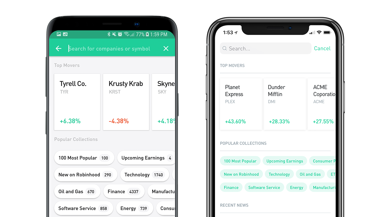Robinhood Explore feature mockup showing Krusty Krab with ticker KRST among Top Movers